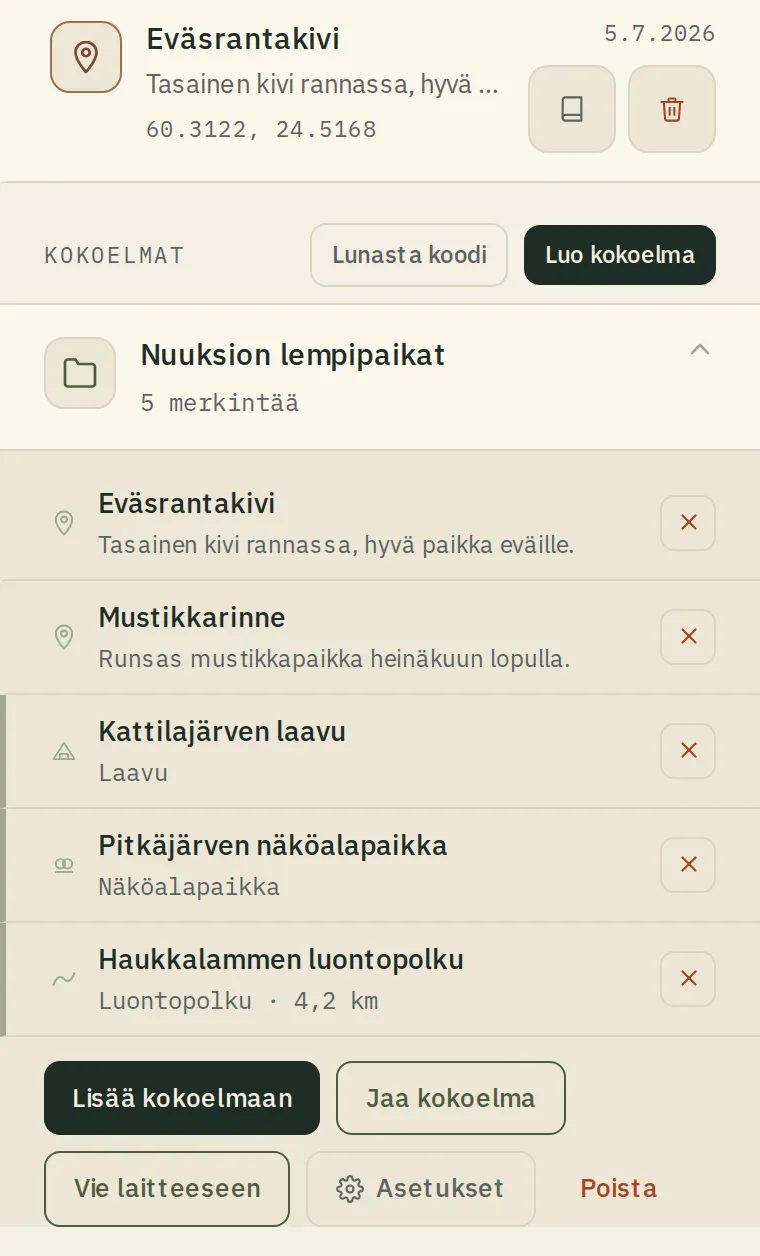 Oma kokoelma: omat merkinnät, retkikohteet ja reitit yhdessä — jaettavissa ja vietävissä laitteelle