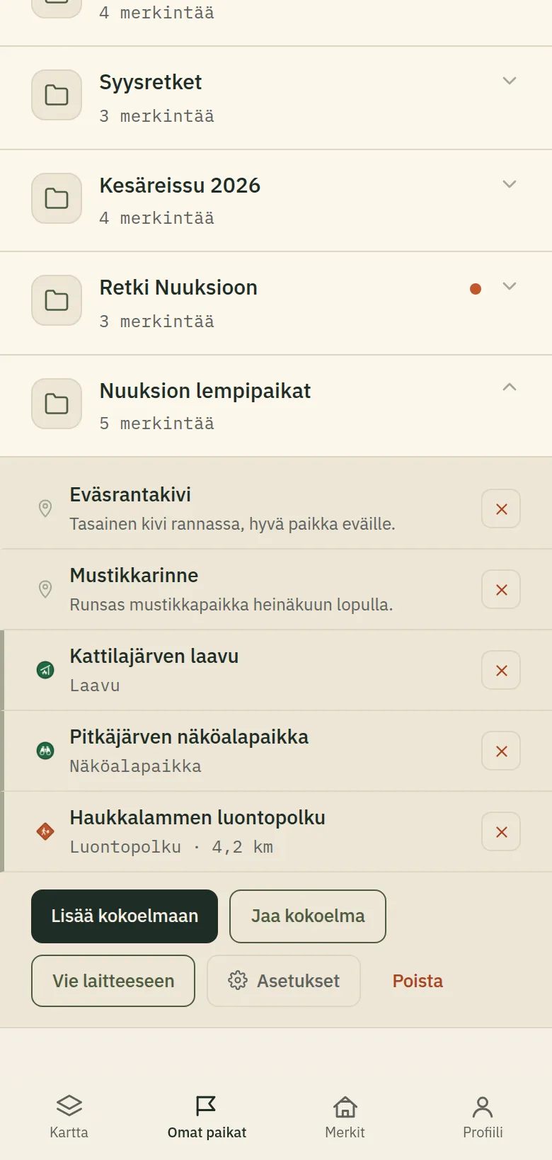 Oma kokoelma: omat merkinnät, retkikohteet ja reitit yhdessä — jaettavissa ja vietävissä laitteelle
