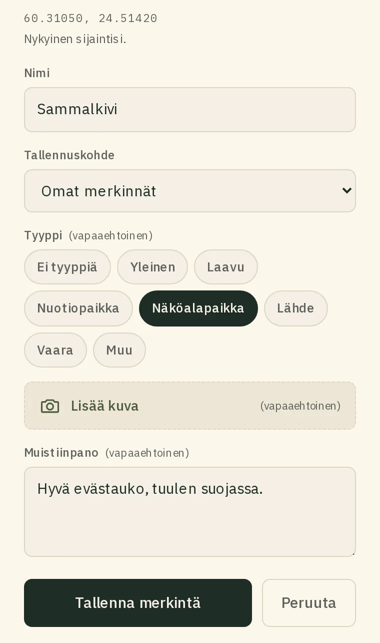 Oman karttapisteen lisääminen Polkuoppaassa
