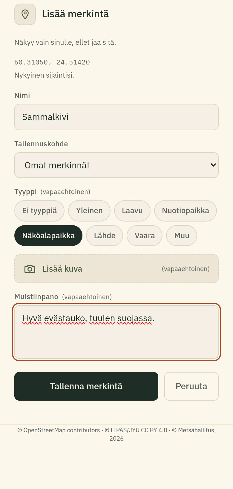 Oman karttapisteen lisääminen Polkuoppaassa