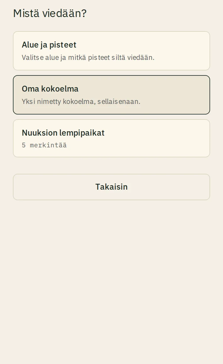 Vientilähteen valinta Polkuoppaassa: alue ja pisteet tai oma kokoelma.