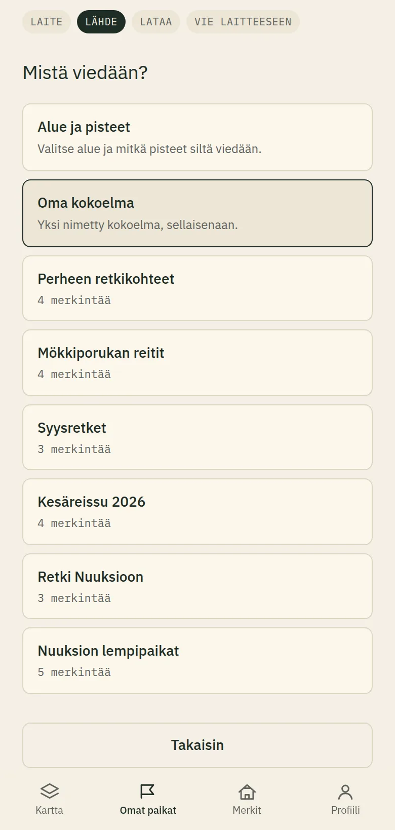 Vientilähteen valinta Polkuoppaassa: alue ja pisteet tai oma kokoelma.