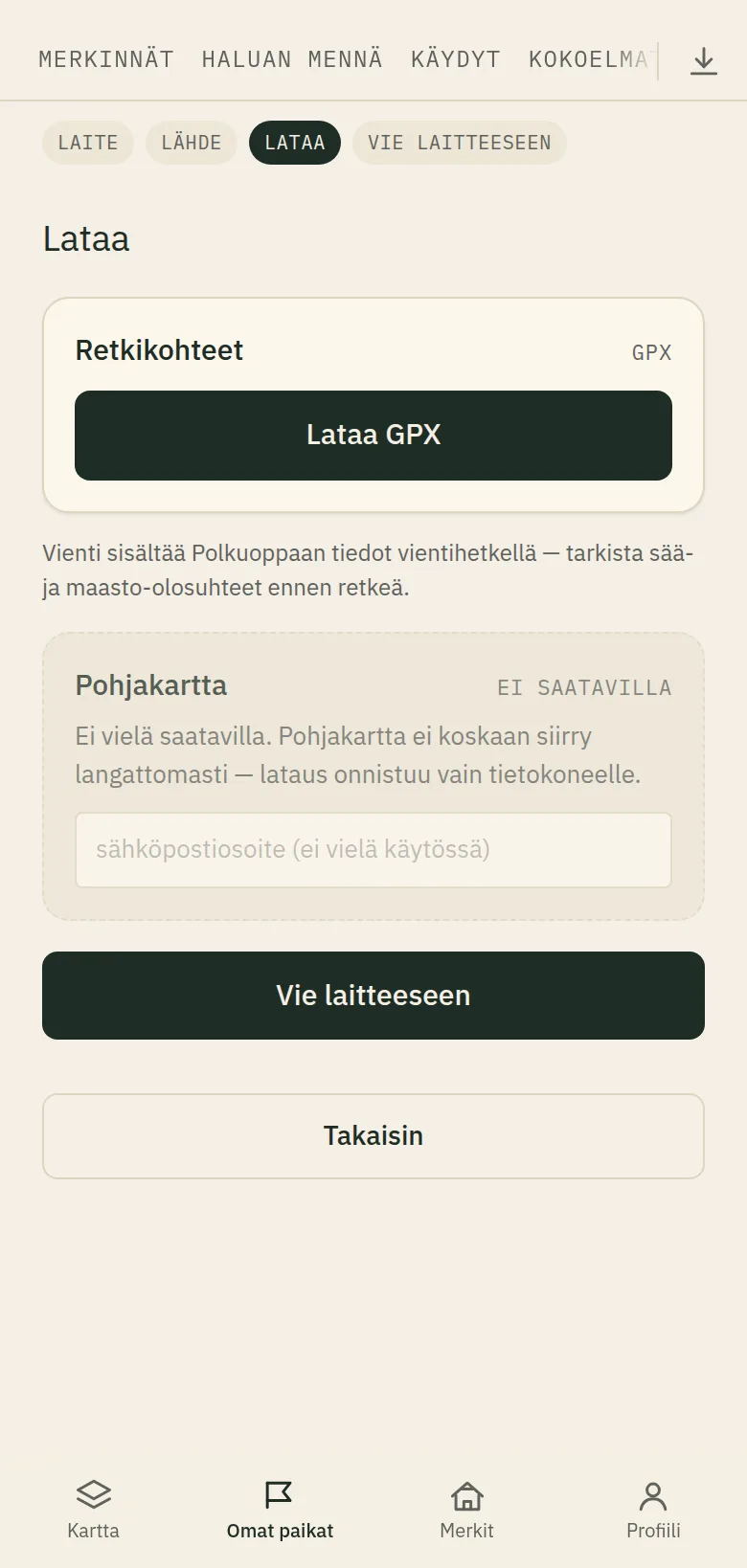 Valmis GPX-tiedosto ladattavana Polkuoppaan vientityökalussa, Lataa GPX -painike.