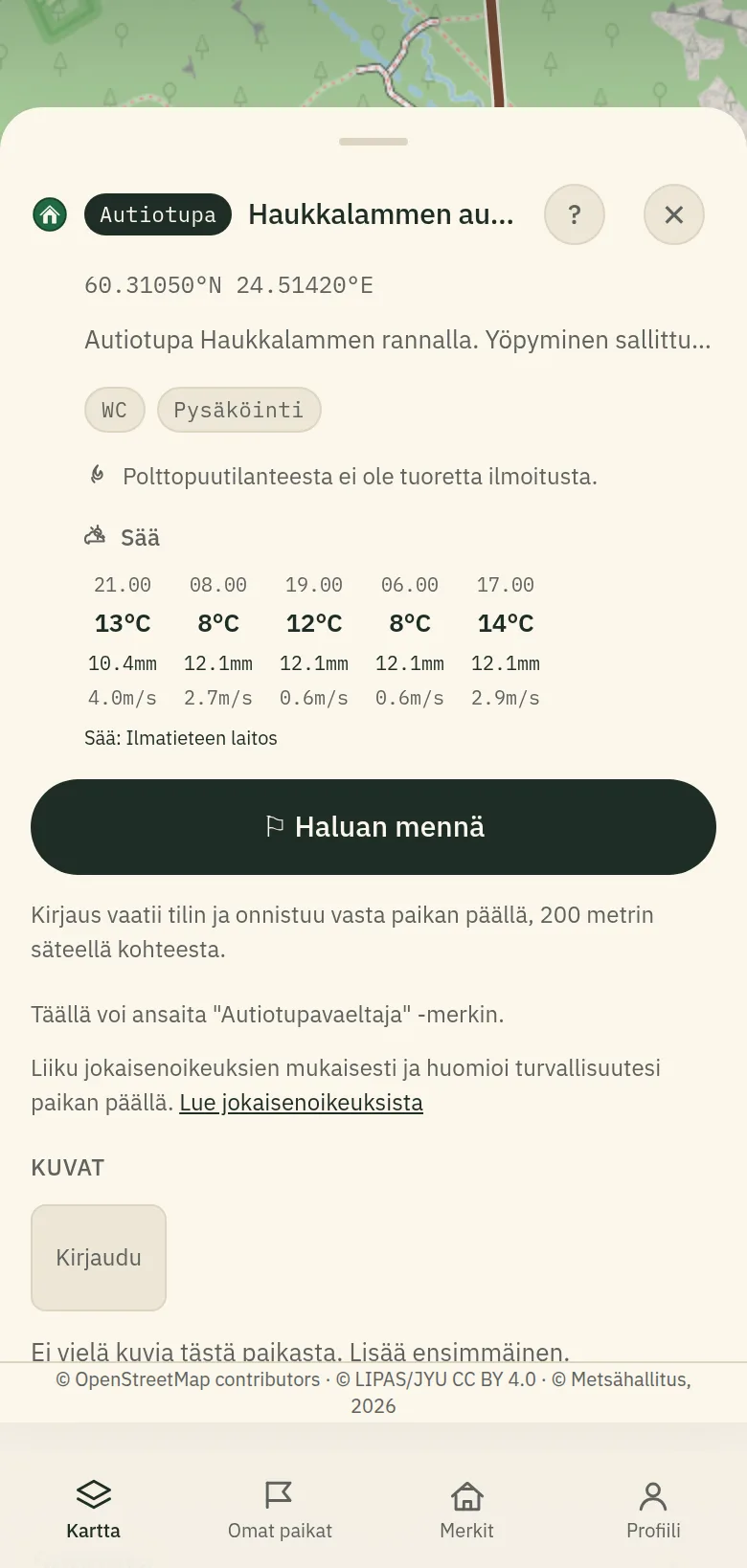 Autiotuvan kohdekortti ja käynnin kirjaus Polkuoppaassa