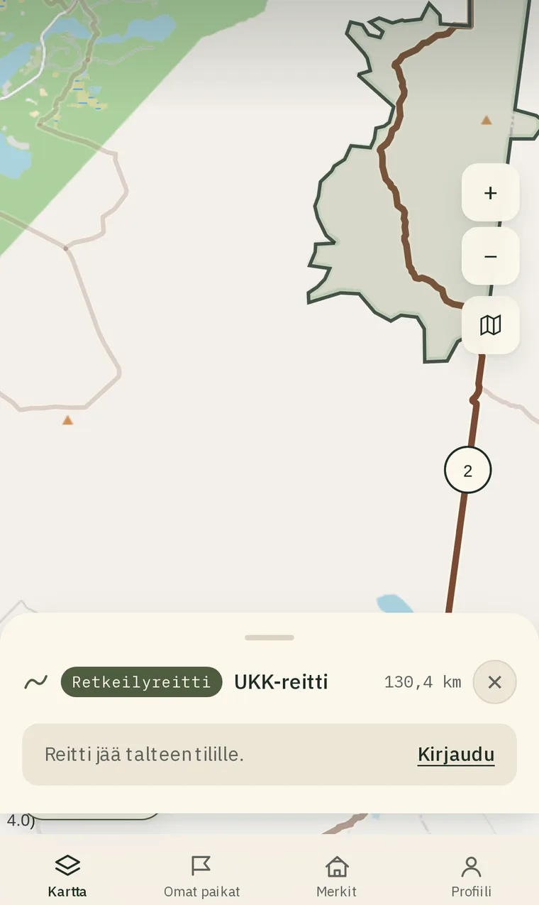 UKK-reitti kartalla — 130,4 km merkittyä retkeilyreittiä