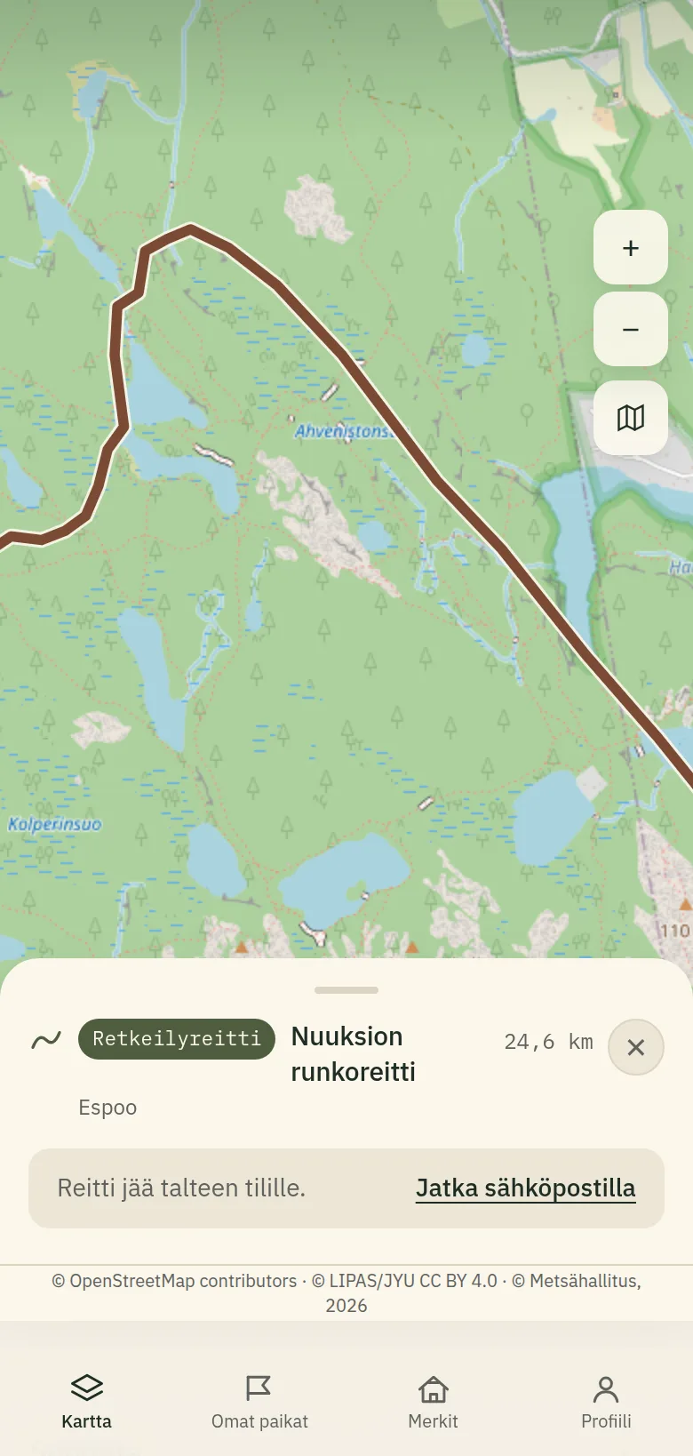 UKK-reitti kartalla — 130,4 km merkittyä retkeilyreittiä