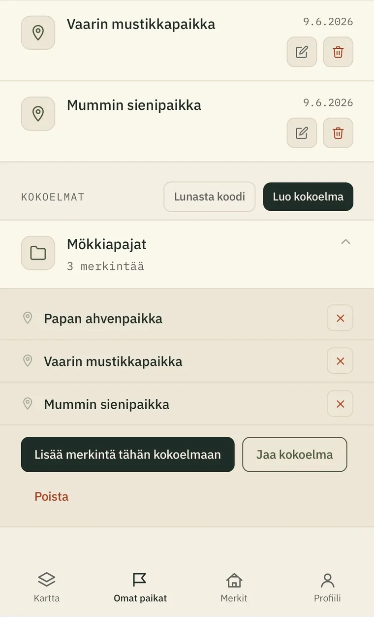Oma karttapistekokoelma ja sen jakaminen