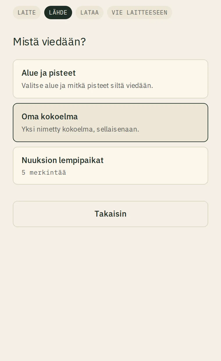 Vientilähteen valinta Polkuoppaassa: alue ja pisteet tai oma kokoelma.