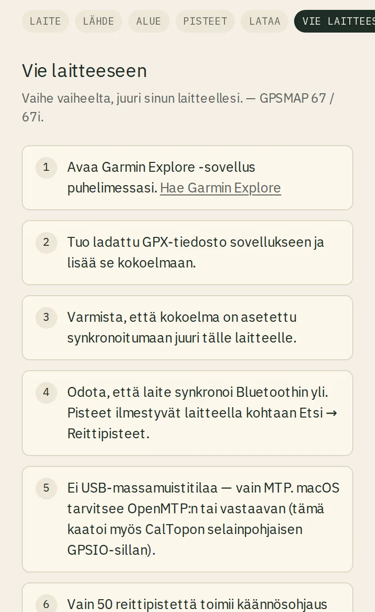 Polkuoppaan vaiheittaiset siirto-ohjeet valitulle Garmin-laitteelle numeroituna listana.