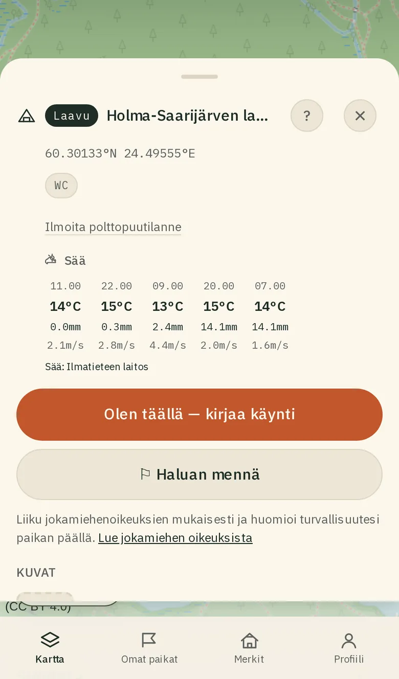 "Haluan mennä" -painike kohdekortilla.
