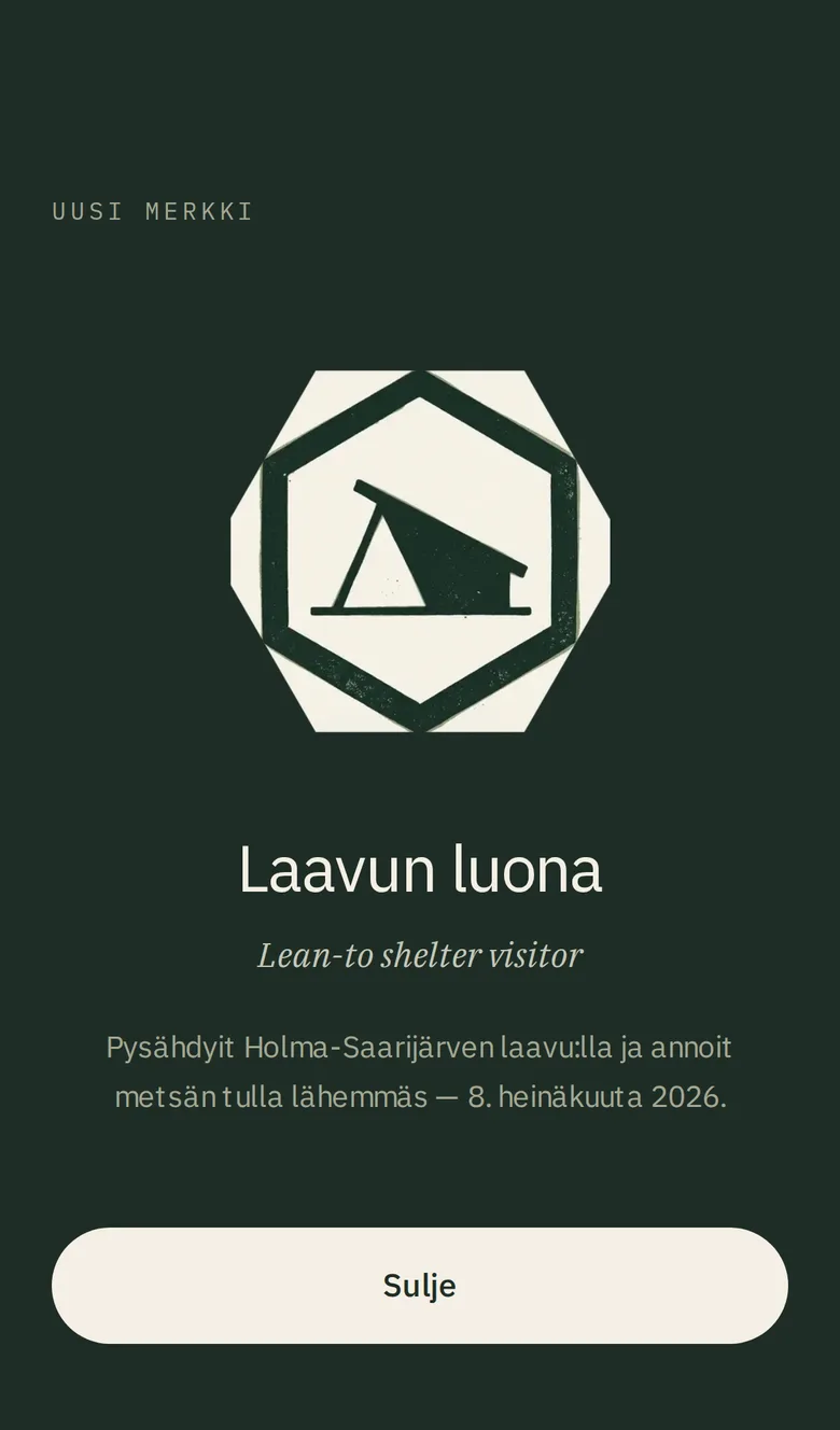 Vahvistusnäkymä, jossa lukee "Käynti kirjattu".