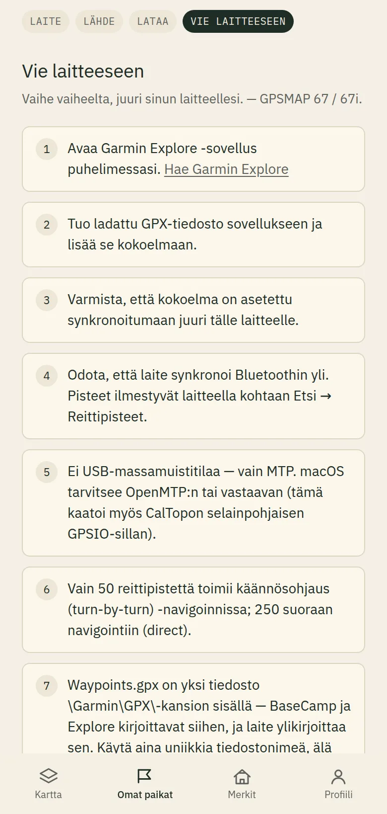 Polkuoppaan vaiheittaiset siirto-ohjeet valitulle Garmin-laitteelle numeroituna listana.