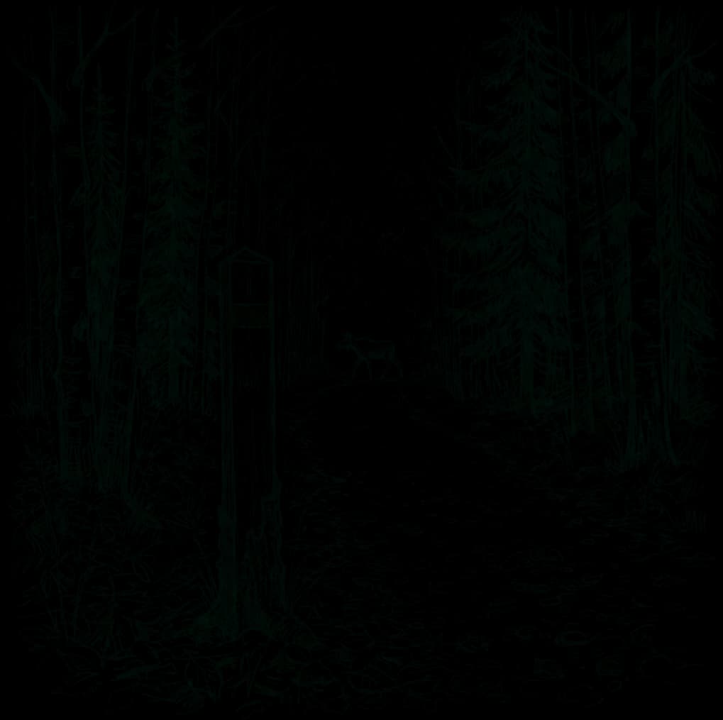 Piirroskuvitus syksyisestä metsätiestä, jonka vierellä seisoo reittimerkkipaalu. Kauempana tiellä kulkee yksinäinen hirvi koivujen ja kuusten välissä.