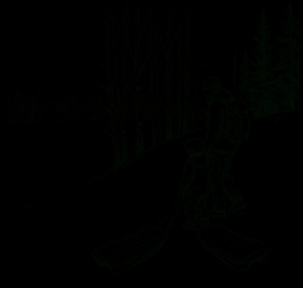 Piirroskuvitus lumisesta mäenrinteestä. Aikuinen ja lapsi kävelevät rinteen reunaa ylös. Lapsella on kypärä, ja hän vetää pulkkaa narusta. Rinne laskeutuu avoimelle lumikentälle, jonka reunalla on koivuja, ja oikealla on kuusia.