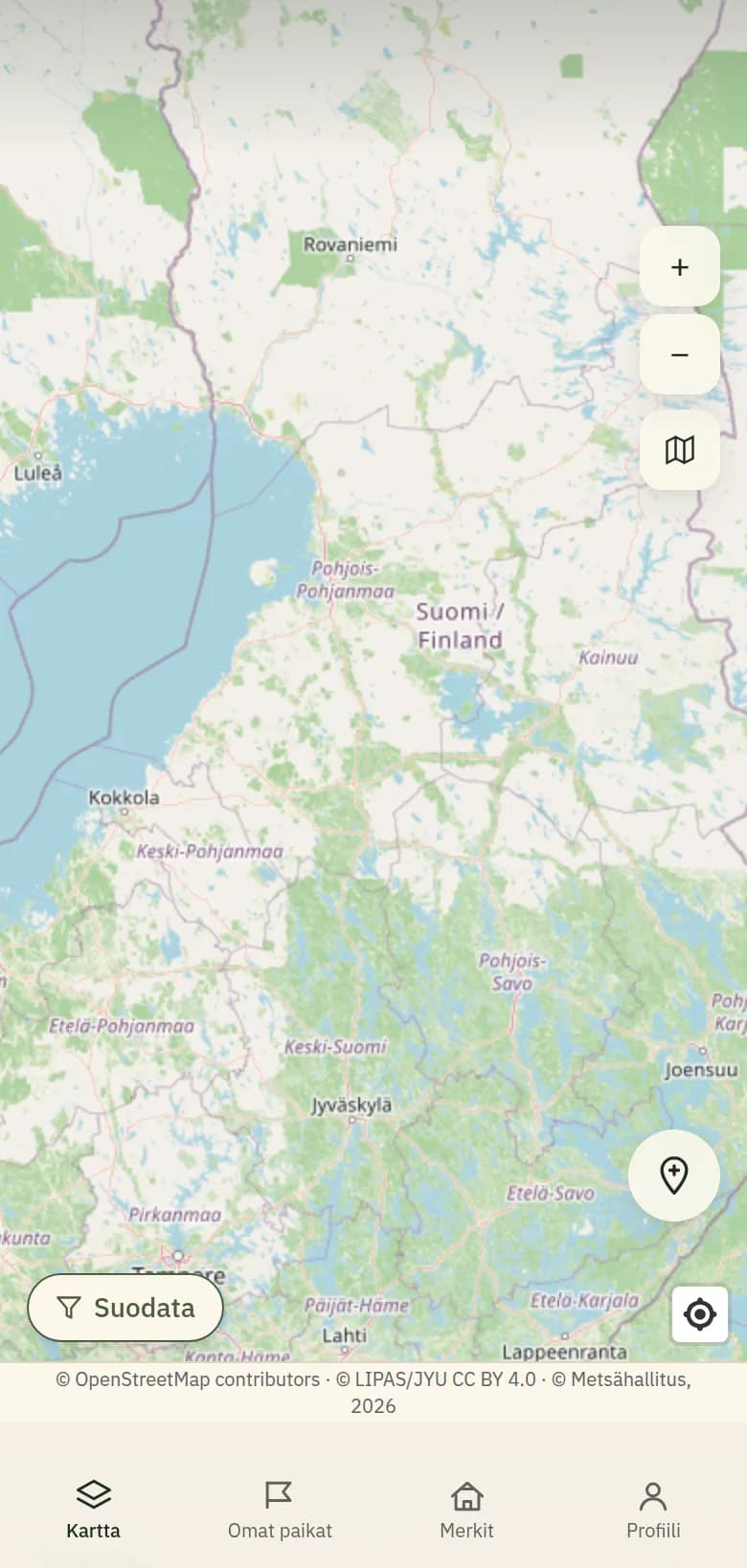 Alanavigaatio, jossa Kartta-välilehti on valittuna.