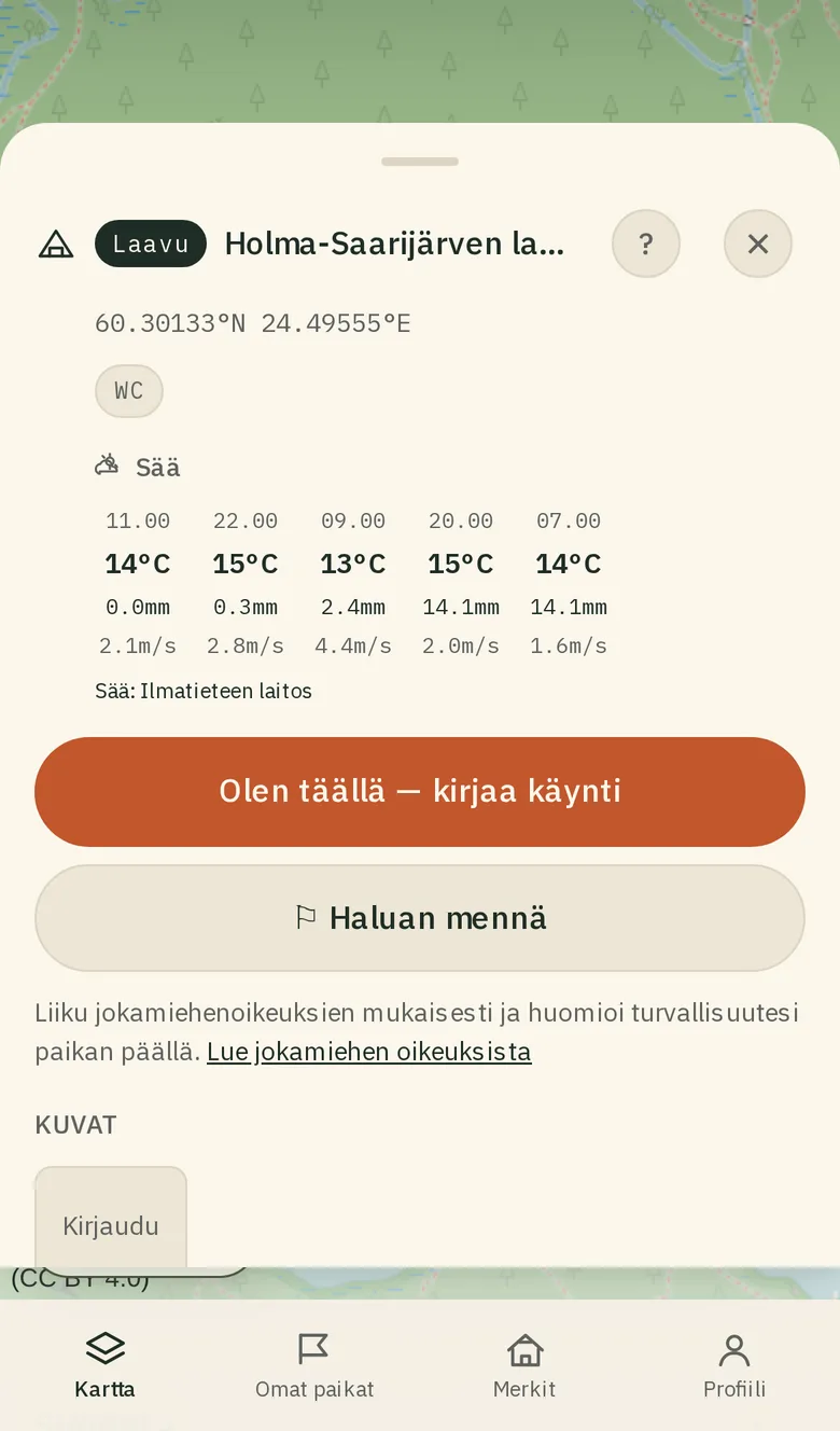 Avoin kohdekortti, jossa näkyy kohteen nimi, tyyppi sekä WC- ja pysäköintitiedot.
