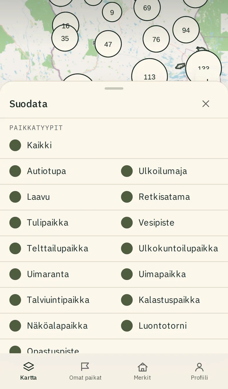 Kartan suodatinvalikko avoinna tyhjän kartan päällä.