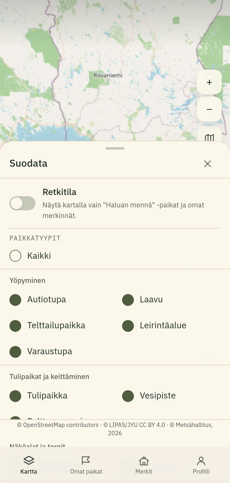Kartan suodatinvalikko avoinna tyhjän kartan päällä.