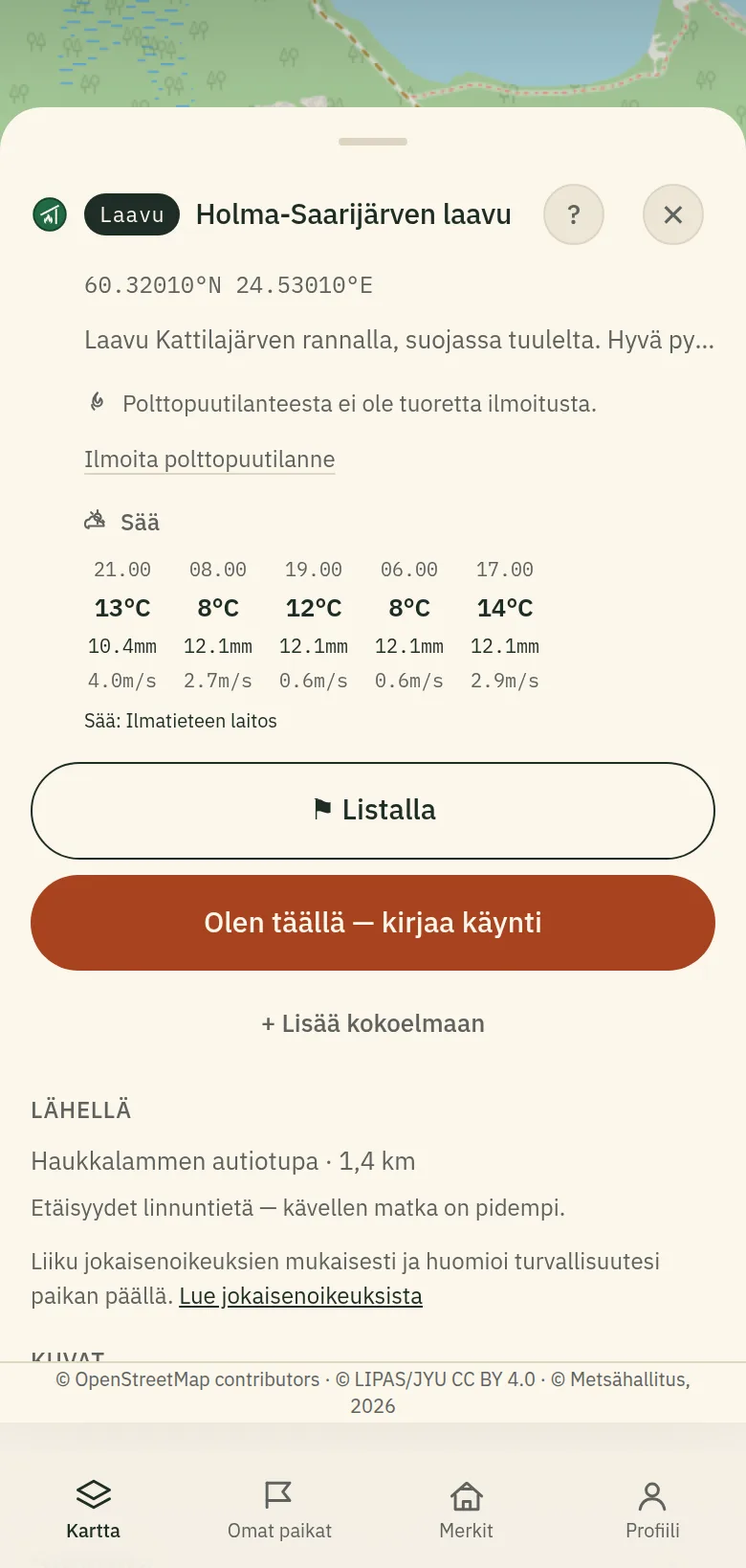 "Olen täällä — kirjaa käynti" -painike kohdekortilla.