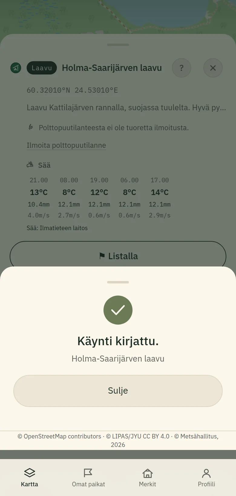 Vahvistusnäkymä, jossa lukee "Käynti kirjattu".