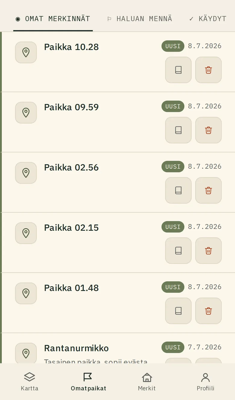 Omat merkinnät -välilehti.