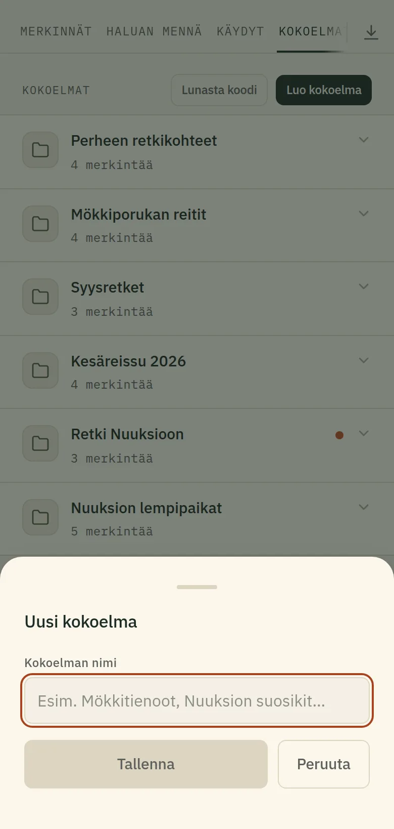 "Uusi kokoelma" -lomake.