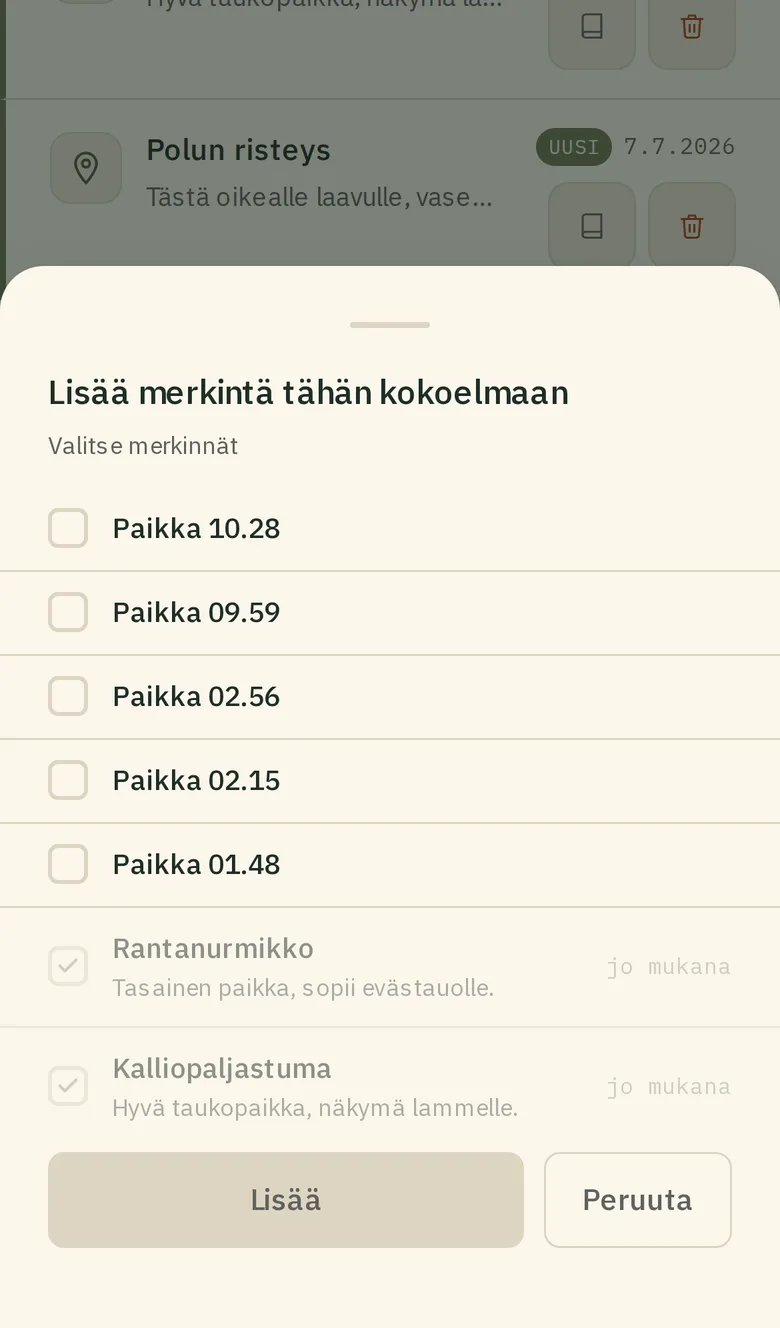Merkintöjen lisääminen kokoelmaan.