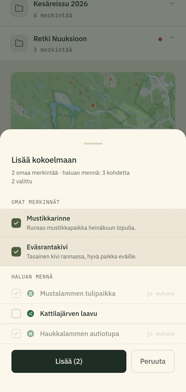 Merkintöjen lisääminen kokoelmaan.