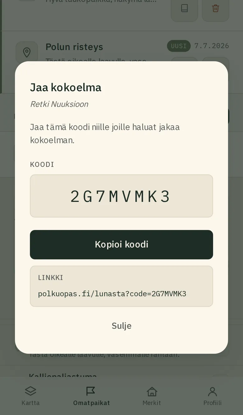 "Jaa kokoelma" -ikkuna, jossa näkyy jakokoodi.