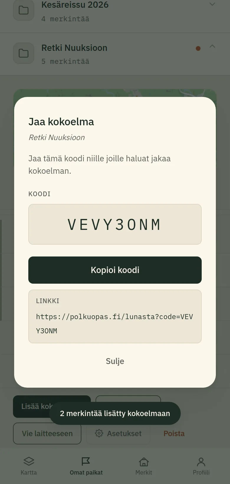"Jaa kokoelma" -ikkuna, jossa näkyy jakokoodi.
