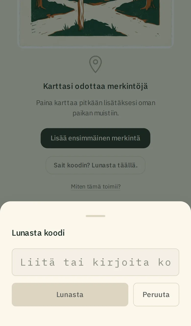 "Lunasta koodi" -näkymä.