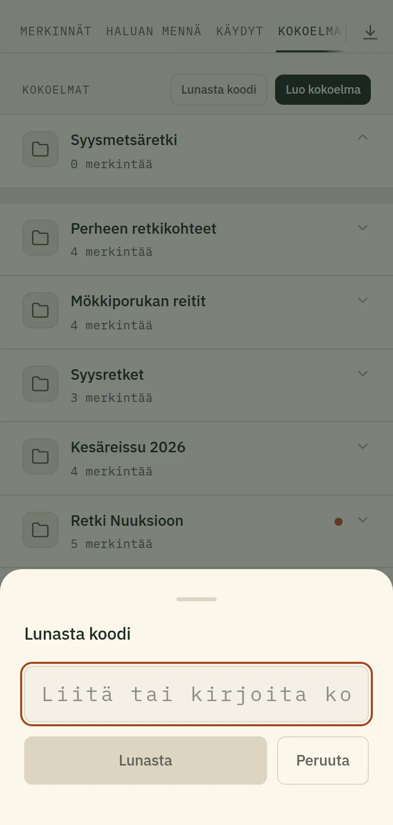 "Lunasta koodi" -näkymä.