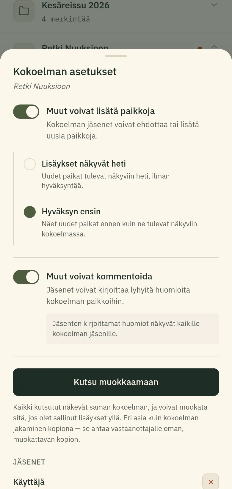 Yhteismuokkauskytkin ja tilavalinta avoinna.