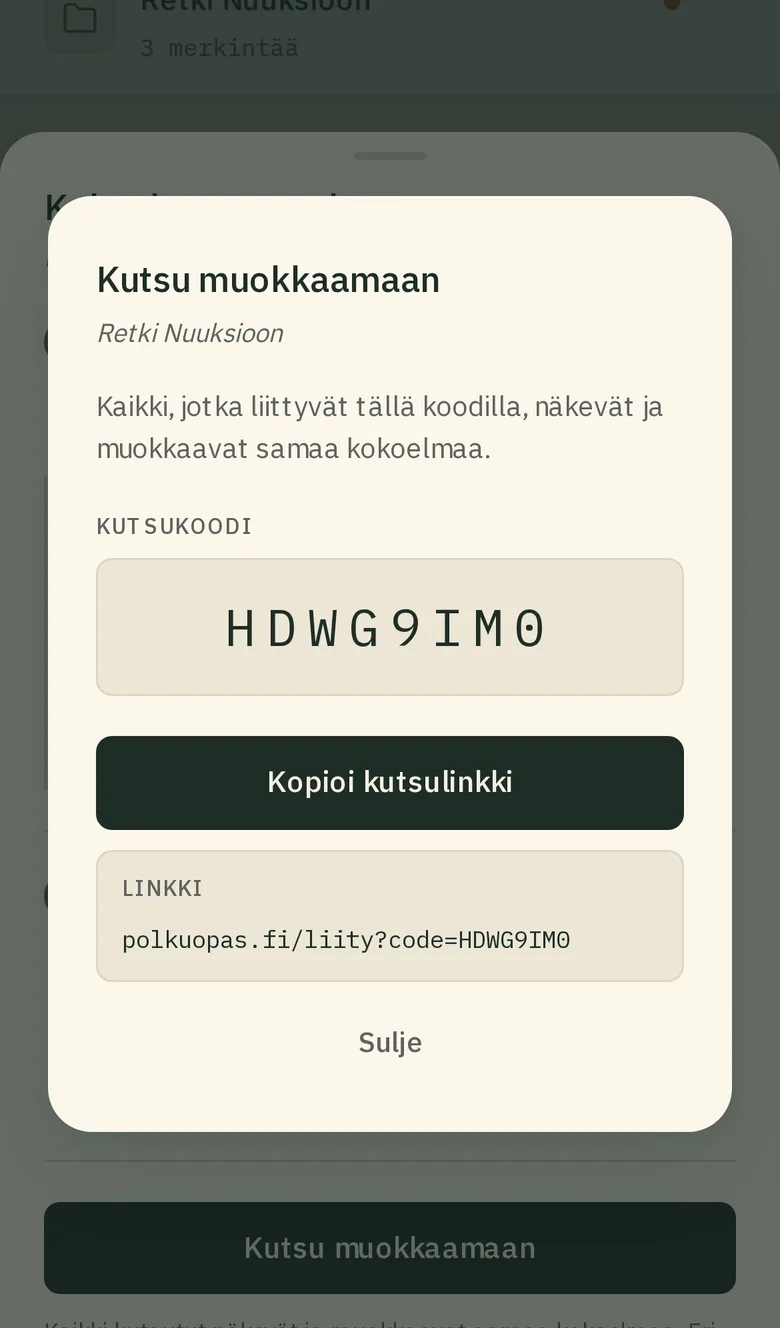 "Kutsu muokkaamaan" -ikkuna, jossa näkyy kutsukoodi.