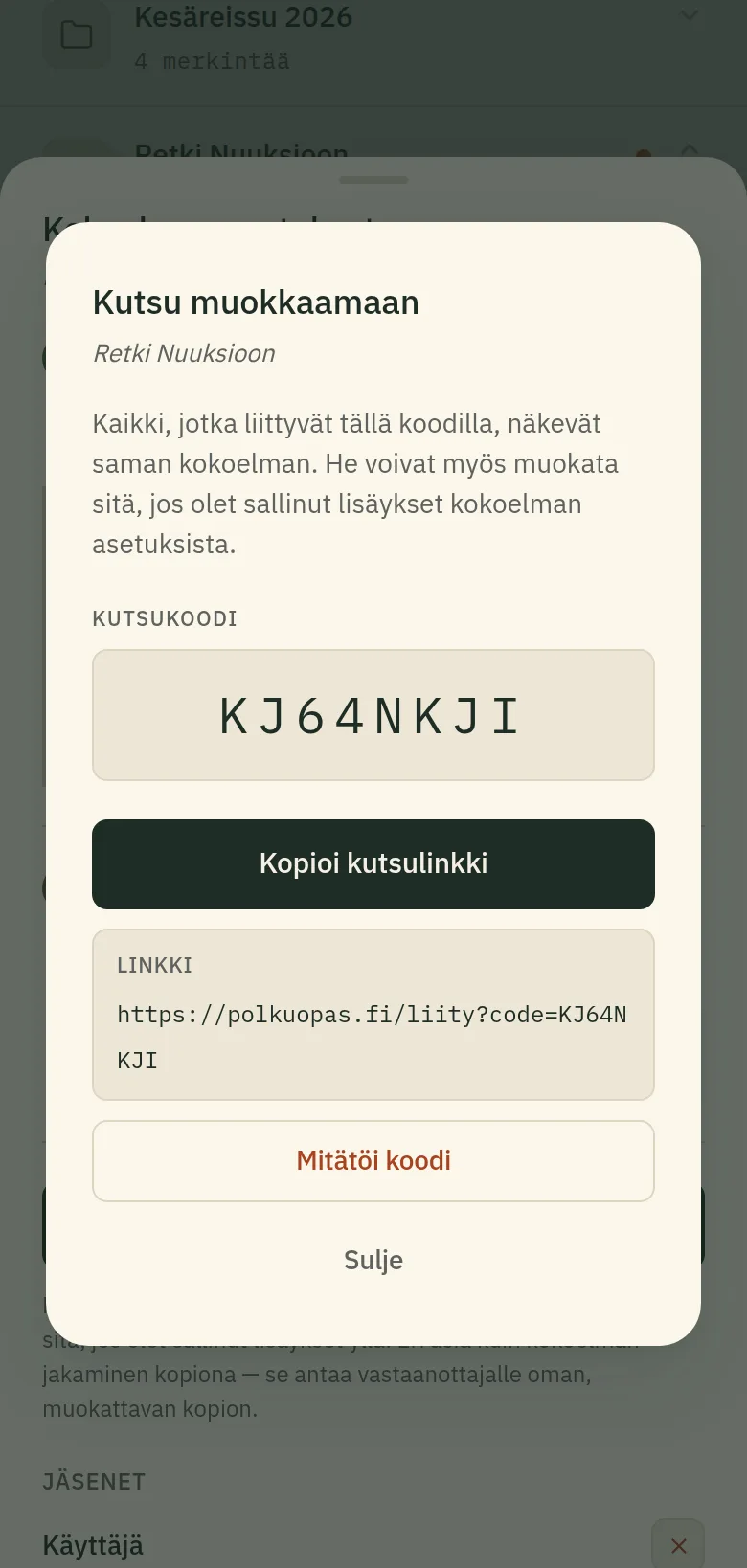 "Kutsu muokkaamaan" -ikkuna, jossa näkyy kutsukoodi.
