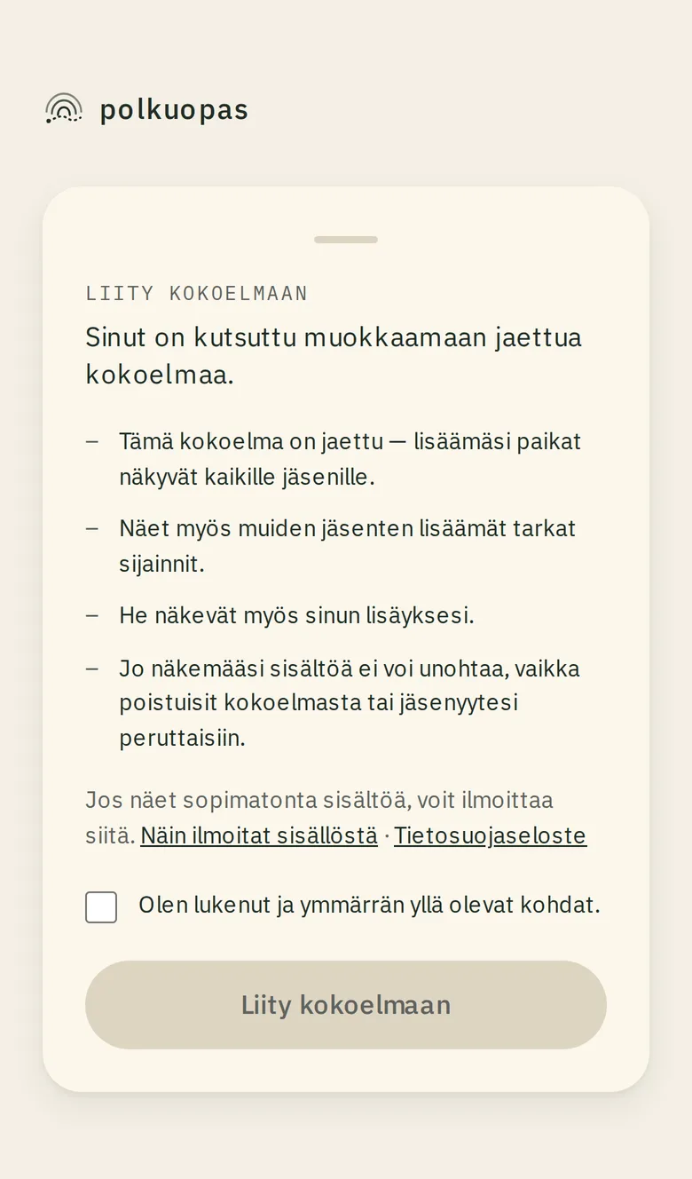 Liity kokoelmaan -näkymä ehtoineen.