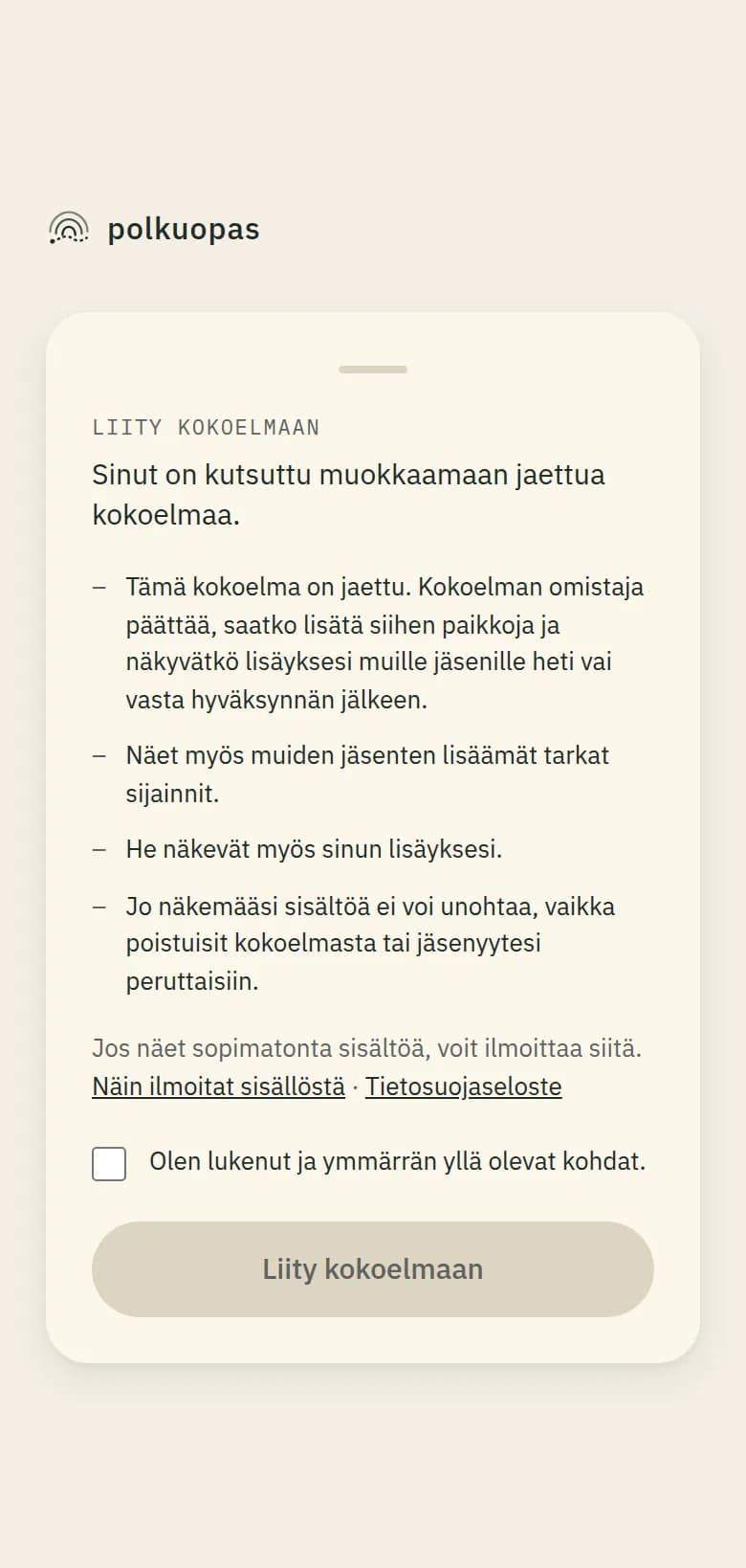 Liity kokoelmaan -näkymä ehtoineen.