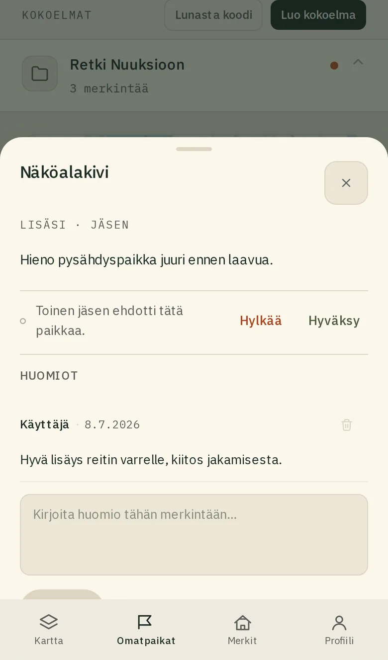 Huomio-osio jaetun paikan alla.