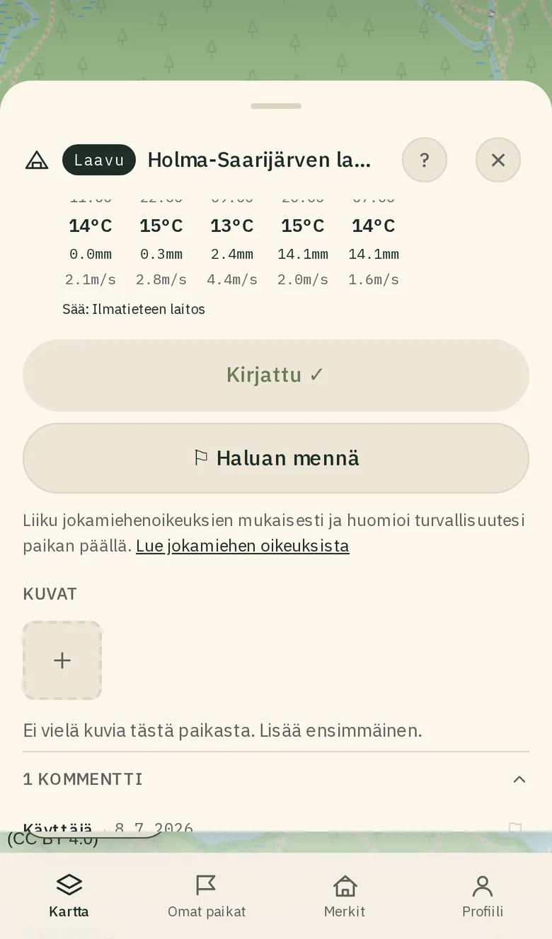 Kohdekortti vieritettynä Kommentit-osioon.