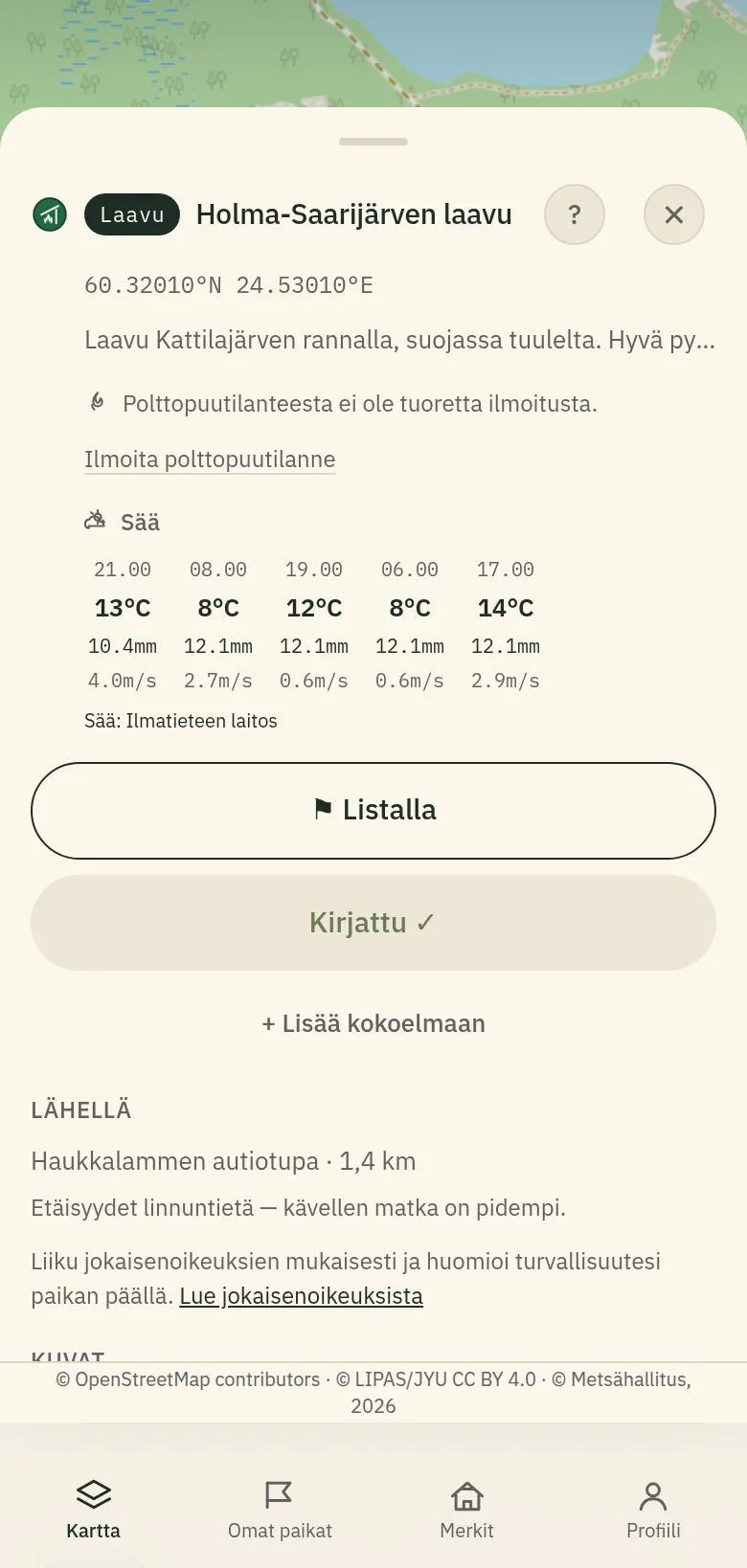 Kohdekortti vieritettynä Kommentit-osioon.