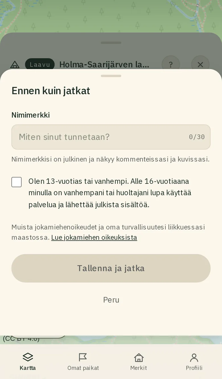 Nimimerkin kysyvä lomake ensimmäistä kommenttia tai kuvaa varten.