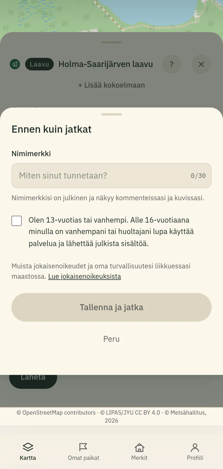 Nimimerkin kysyvä lomake ensimmäistä kommenttia tai kuvaa varten.