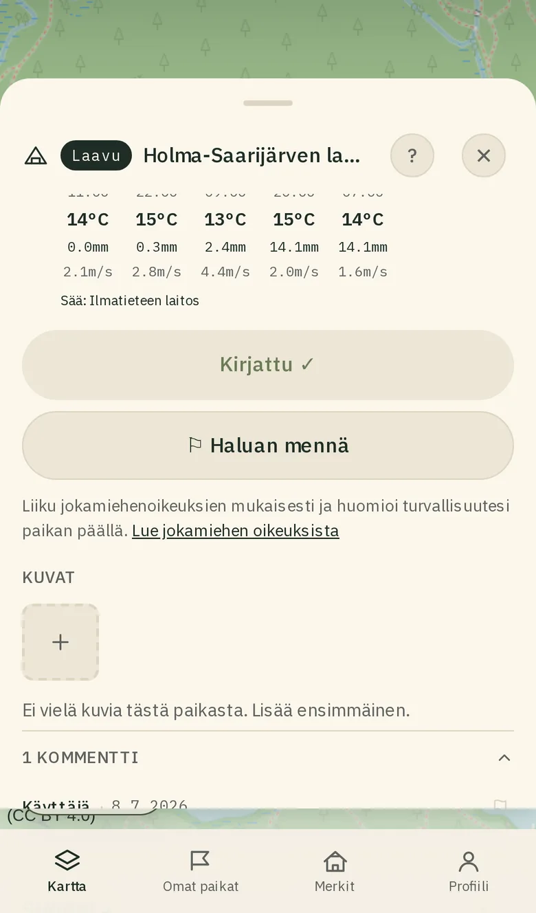 Poisto- ja ilmoituskuvakkeet oman ja muiden käyttäjien sisällön vieressä.