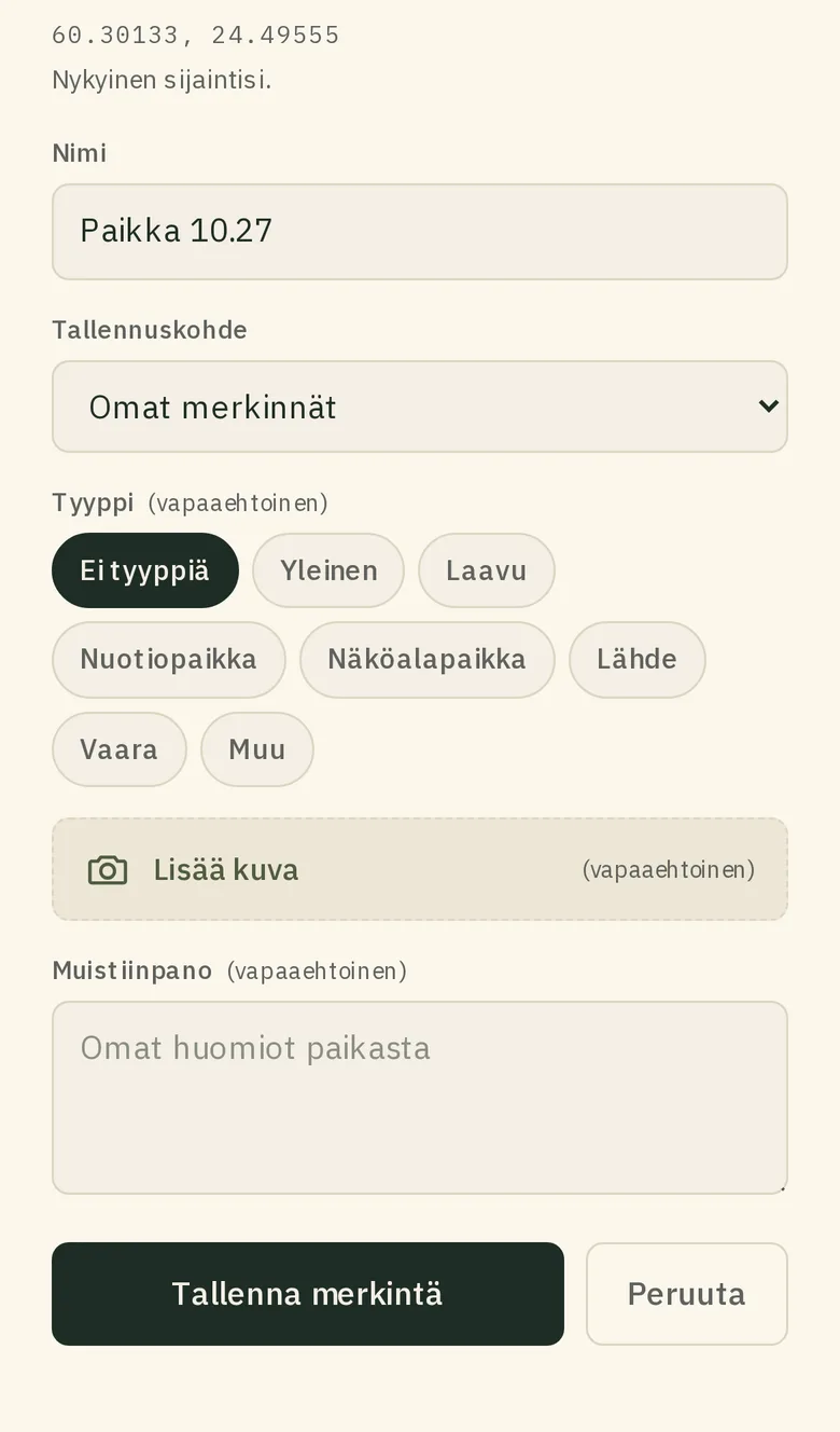 "Lisää merkintä" -lomake, jossa nimi on esitäytetty.