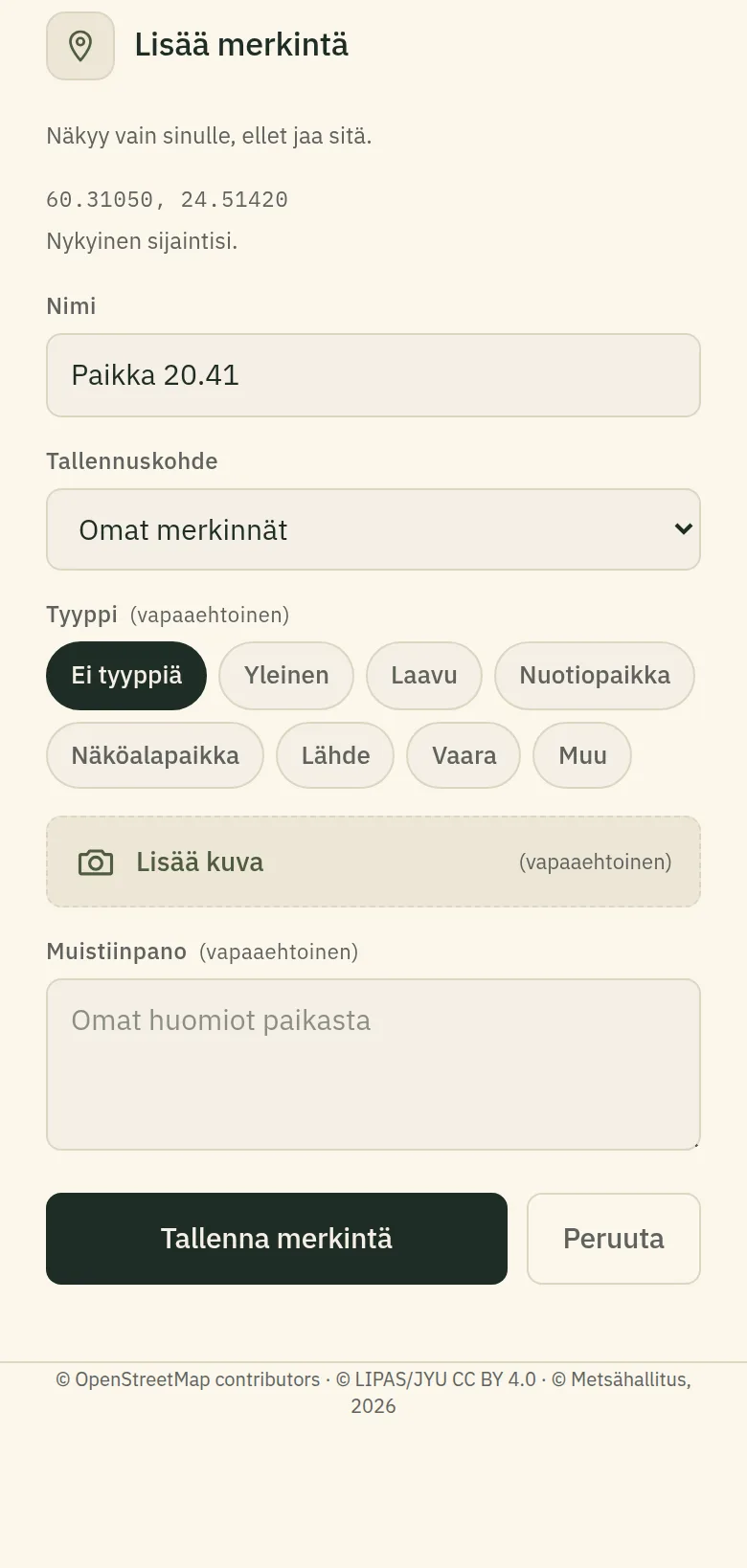 "Lisää merkintä" -lomake, jossa nimi on esitäytetty.