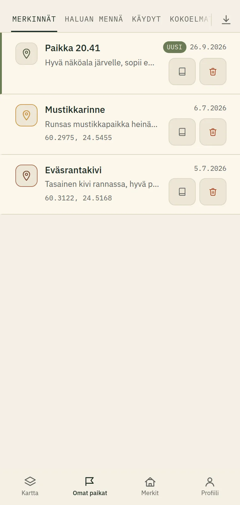 Omat merkinnät -välilehti, jolla näkyy uusi merkintä.