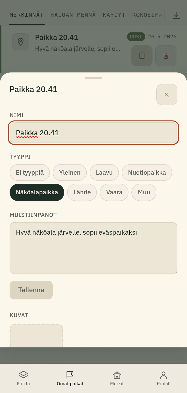 Merkinnän muokkausnäkymä avoinna.